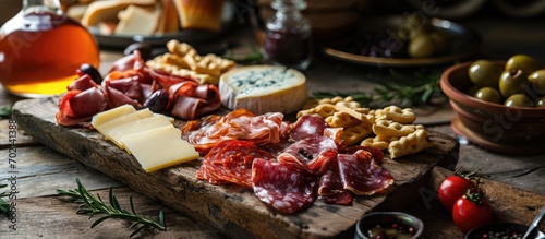 Cured meat and cheese platter of traditional Spanish tapas chorizo salsichon jamon serrano lomo and slices of goat cheese served on wooden board with olives and bread sticks. with copy space image photo