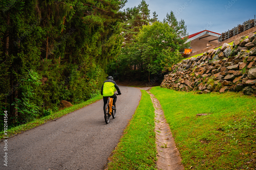 Fototapeta premium Asphalt way with bicyclists near forest. Calm background.