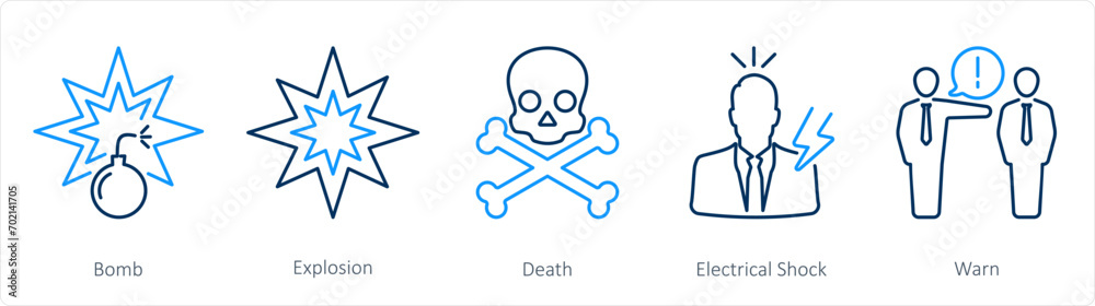 A set of 5 Hazard Danger icons as bomb, explosion, death, electrical shock A set of 5 Hazard Danger icons as bomb, explosion, death, electrical shock
