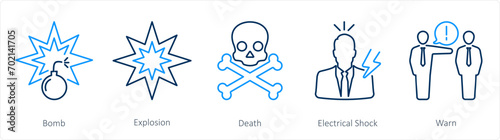 A set of 5 Hazard Danger icons as bomb, explosion, death, electrical shock