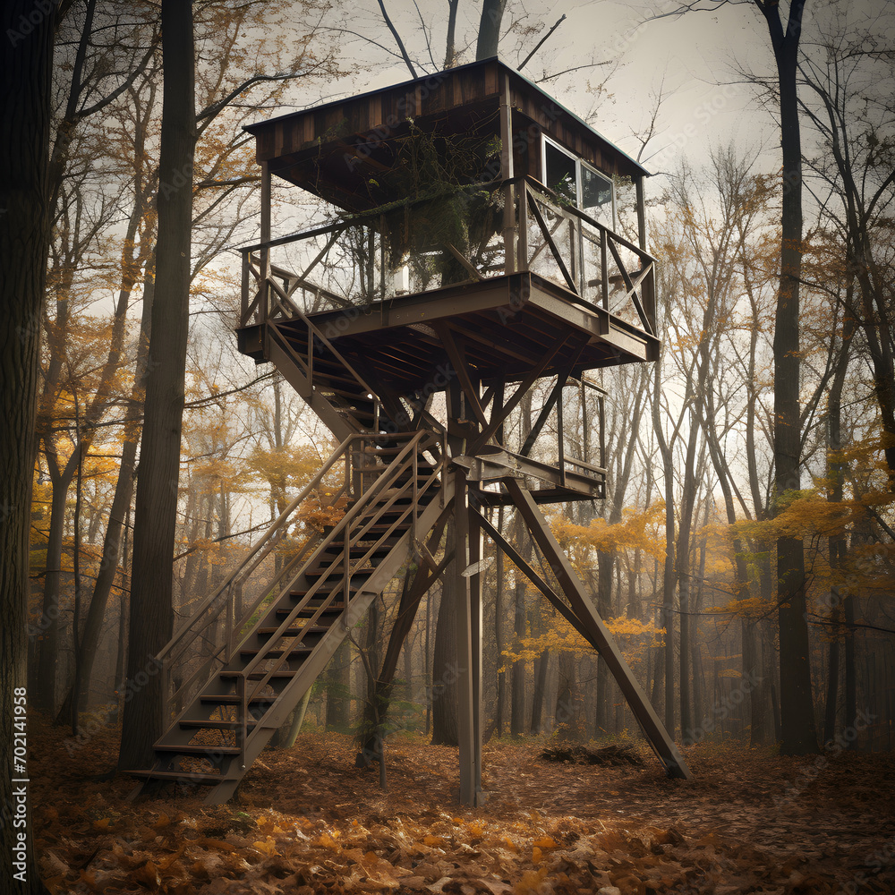 Hunter lookout tower in the woods during hunting season Hunter lookout tower in the woods during hunting season
