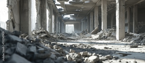 A pile of gray concrete debris against the remains of a large destroyed building Background. with copy space image. Place for adding text or design photo