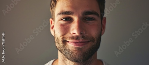 Brightly smile Young handsome smiling man is posing on the camera. with copy space image. Place for adding text or design photo