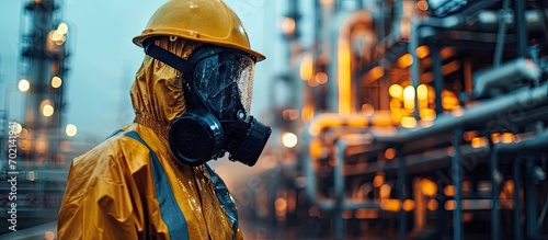 Accident in chemicals production plant Worker in protection suit and gas mask taking a quick shower to wash away acid. with copy space image. Place for adding text or design