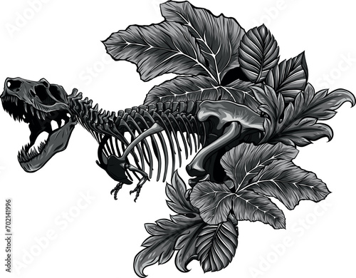 monochromatic Tyrannosaurus Rex dinosaur skeleton with leaves