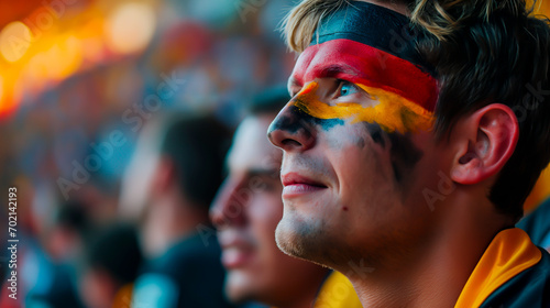 Male soccer supporter with the German national colors painted on his face. Concept of supporting a team and excitement for the sport. © henjon