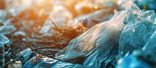 Cellophane and plastic packaging waste background Problems of waste disposal and ecology of the materials used. with copy space image. Place for adding text or design photo