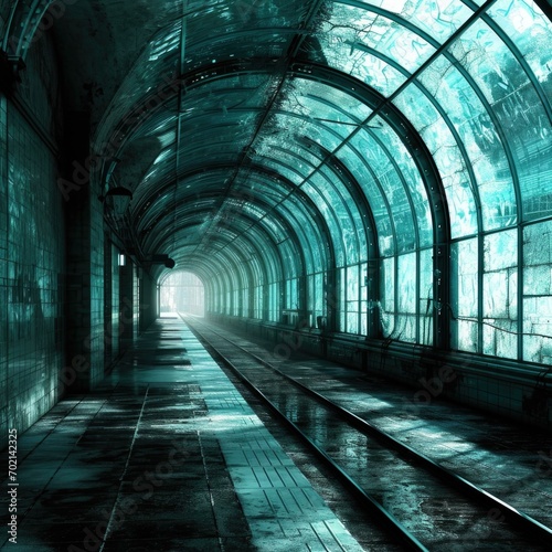 A futuristic train station with glass trains gliding through a tunnel towards a light at the end. Generative AI.