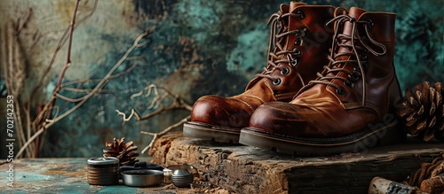 Dirty Worn Out Brown Leather Winter Boots Prepared for Waxing Waterproofing and Polishing With Shoe Care Accessories. with copy space image. Place for adding text or design © vxnaghiyev