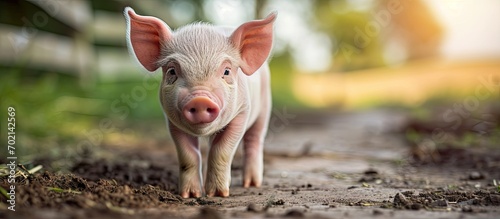 Cute farm pig Small piglet waiting feed in the farm. with copy space image. Place for adding text or design