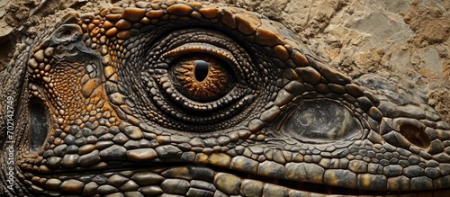 fossil closeup of a reptile like animal named Seymouria seen from above. with copy space image. Place for adding text or design photo