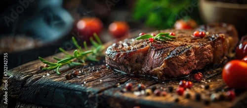 A top sirloin steak flame broiled on a barbecue shallow depth of field. with copy space image. Place for adding text or design photo