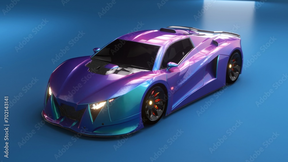 Iridescent supercar with fluid design lines in 3D illustration, presenting a high-gloss finish and dynamic stance.