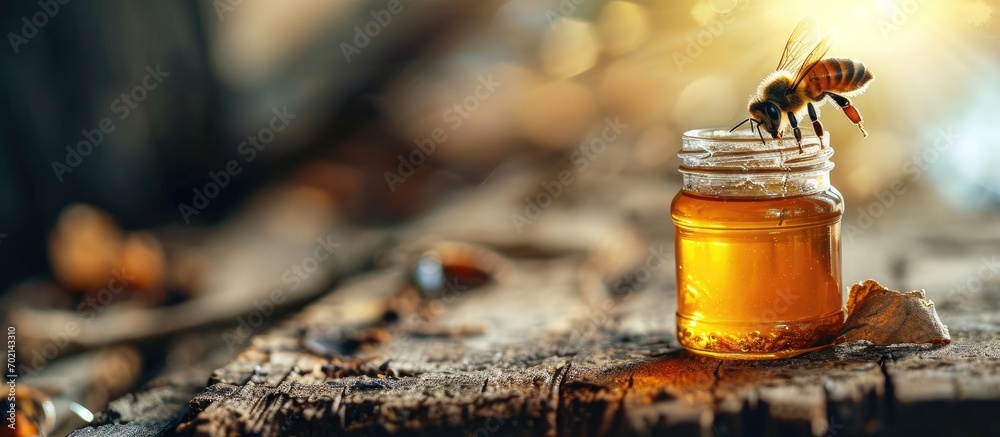 bee flying to Honey dripping in glass jar. with copy space image. Place for adding text or design bee flying to Honey dripping in glass jar. with copy space image. Place for adding text or design