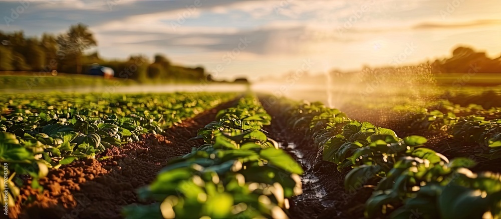 A wheel line sprinkler watering a field of sugar beets. with copy space image. Place for adding text or design - obrazy, fototapety, plakaty 