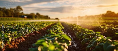 A wheel line sprinkler watering a field of sugar beets. with copy space image. Place for adding text or design photo