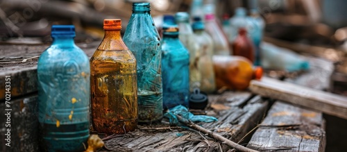 Group of bottles contain chemical hazardous waste in quarantine area and waiting disposal concept of chemical waste management and environment concern for chemical waste contamination