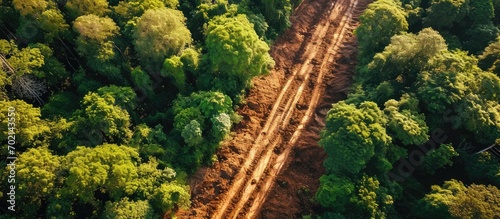 A stunning aerial view of land clearing where the brown soil contrasts with the green trees surrounding it The sight captures the beauty and destruction of human activity on the environment