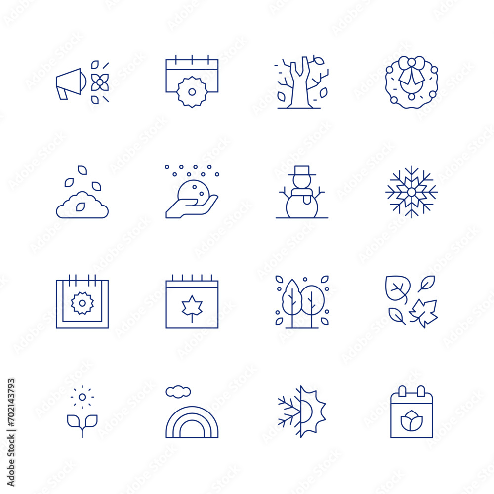 Seasons line icon set on transparent background with editable stroke. Containing announce, summers, snow ball, summer, autumn, sprout, leaves, rainbow, wreath, snowman, snowflake, tree, spring, season