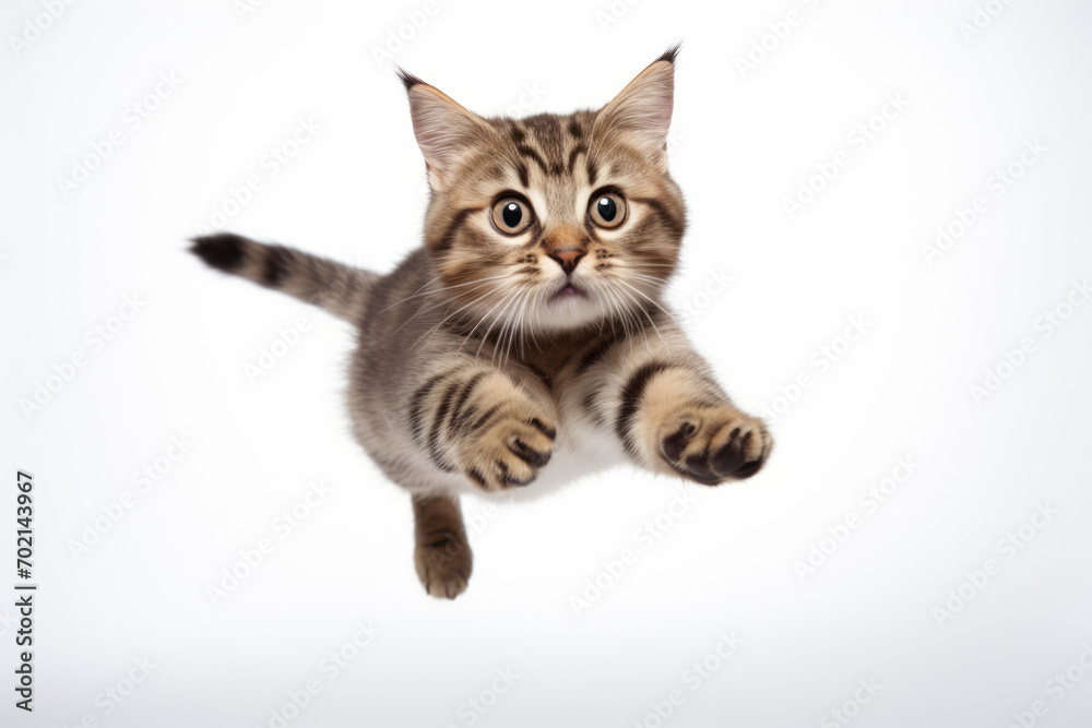 Funny jumping cat on white