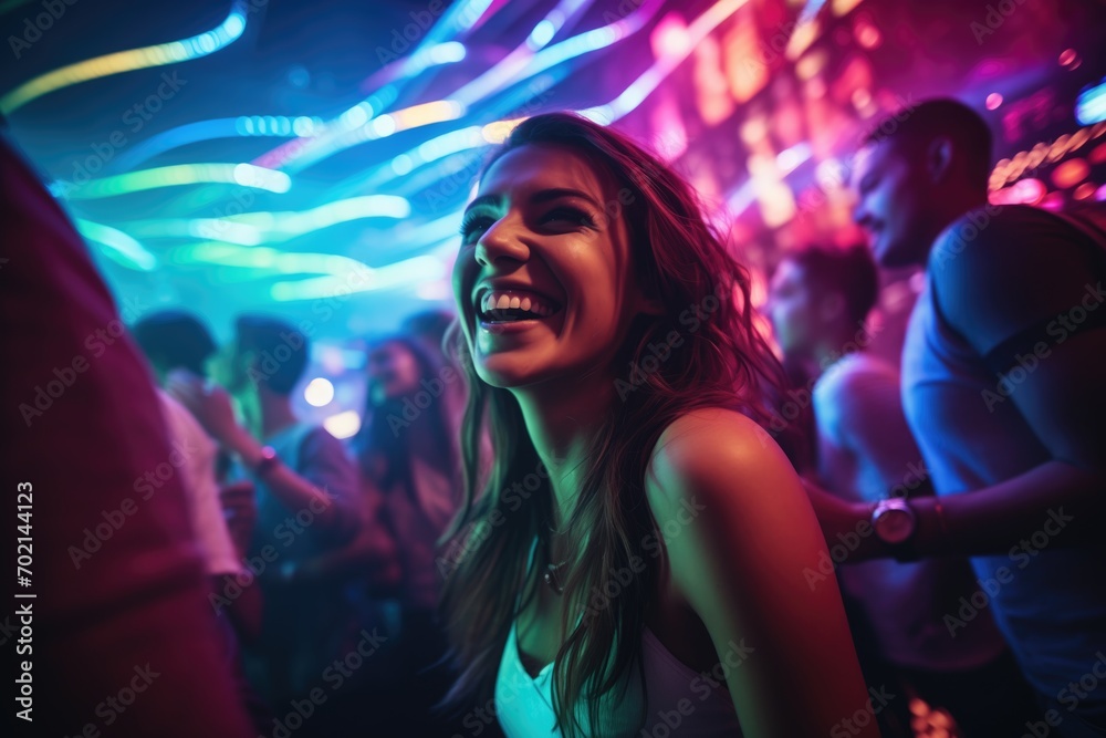 lady night,  selective focus, group of people dancing in nightclub, twilight and bokeh.