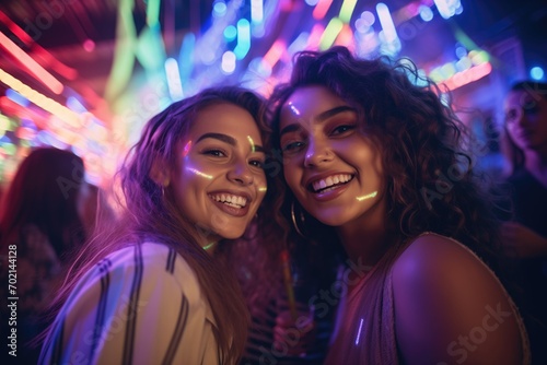 lady night, selective focus, group of people dancing in nightclub, twilight and bokeh.