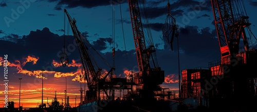 A line of towering cranes silhouetted against a dark night sky at a port dock. with copy space image. Place for adding text or design