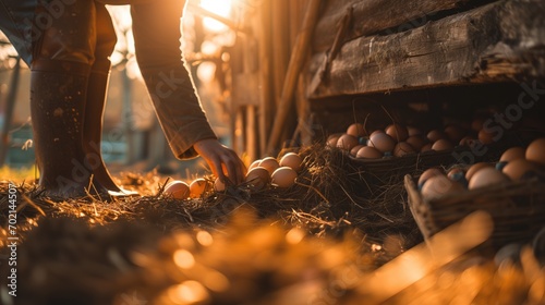 a person picking eggs from a nest in a barn, a farmer picking up some eggs on the farm,