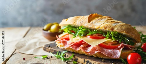 A delicious sandwich with cold cuts lettuce tomato and cheese on fresh ciabatta bread. with copy space image. Place for adding text or design photo