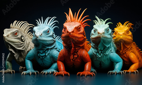 Vividly Colored Iguanas in Red  Blue  and Orange Hues Lined Up  Symbolizing Diversity  Uniqueness  and Wildlife Beauty Against a Teal Background