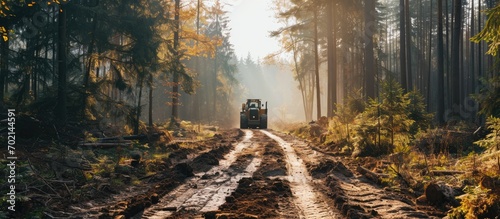 Excavator clearing forest for new development Orange Backhoe modified for forestry work Tracked heavy power machinery for forest and peat industry Logging road construction in forests photo