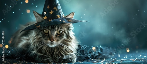 Halloween pumpkin jack o lantern and cute british cat in a wizard costume on a dark background Halloween cat in a witch hat and a mantle with stars. with copy space image