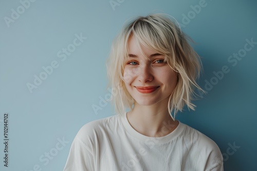 Smiling girl with short blond hair, happy confident pretty gen z blonde young woman looking at camera standing isolated on light blue background. generative AI