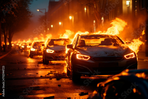 A cars is burning after a protesters set a fire.