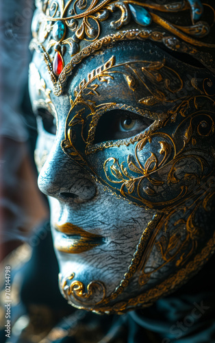 Mysterious Venetian Mask Shrouded in Smoke, Evoking Masquerade Elegance and the Enigmatic Allure of Secret Identities in a Dark, Ethereal Setting © Bartek