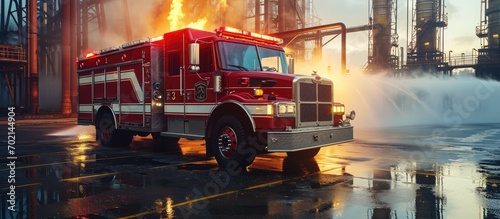 Fire truck for extinguishing tanks with air mechanical foam A fire truck for extinguishing tanks with flammable liquids Fire truck for extinguishing large fires at oil refining plants photo