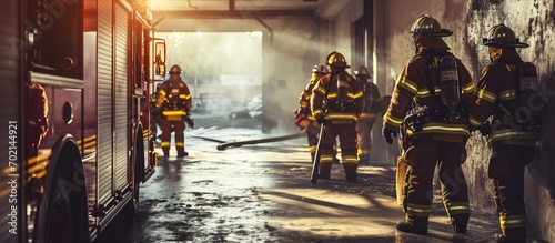 Group of firefighters with chainsaw and sledge hammer practicing in the garage of the fire department. with copy space image. Place for adding text or design photo