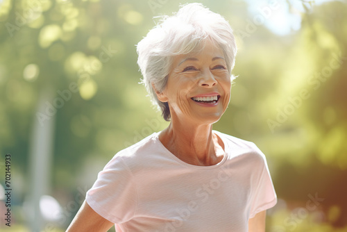 A close-up portrait of a naturally beautiful elderly gray-haired woman standing in a summer park in a white T-shirt. Cute mature kind woman in the fresh air.