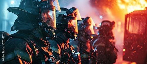 Group of firefighters standing inside the fire brigade wearing helmet and protective uniform. with copy space image. Place for adding text or design
