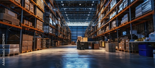 Empty large industrial storehouse equipped with tall metal shelves filled with various carton boxes and containers Table desk full with shipping details document laptop computer to work on deli