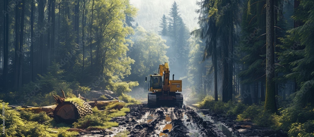 Obraz na płótnie Excavator clearing forest for new development Orange Backhoe modified for forestry work Tracked heavy power machinery for forest and peat industry Logging road construction in forests w salonie