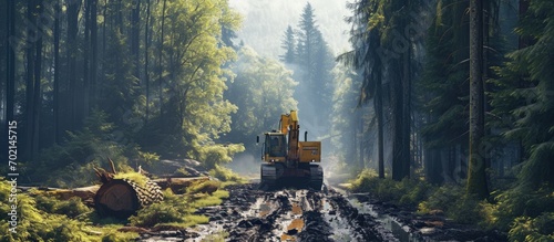 Excavator clearing forest for new development Orange Backhoe modified for forestry work Tracked heavy power machinery for forest and peat industry Logging road construction in forests