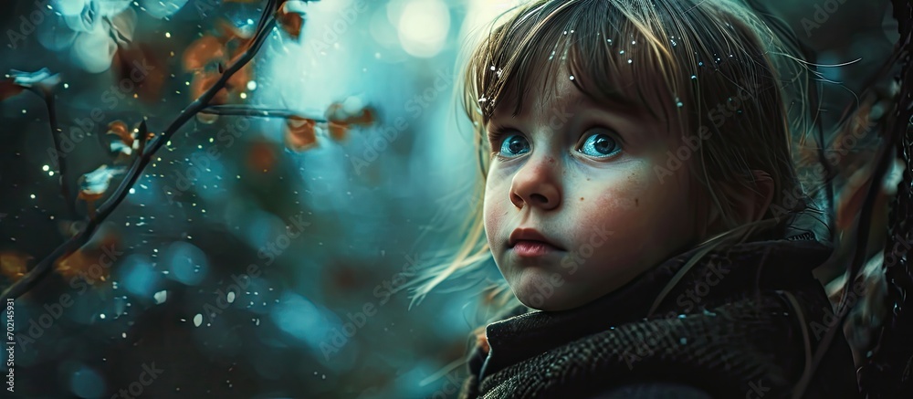 Cute little curious boy standing in deep dark forest at old tree covered with green moss looking up waiting for magic Inquisitive childhood. with copy space image. Place for adding text or design Cute little curious boy standing in deep dark forest at old tree covered with green moss looking up waiting for magic Inquisitive childhood. with copy space image. Place for adding text or design
