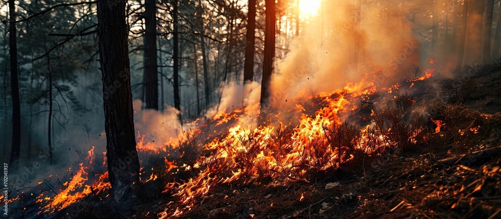 Controlled fire burn in forest woods smoke and flames. with copy space image. Place for adding text or design Controlled fire burn in forest woods smoke and flames. with copy space image. Place for adding text or design