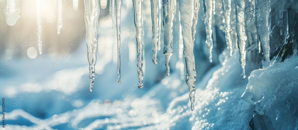 Beautiful shiny transparent icicles hang on a clear day Winter background with hanging icicles. with copy space image. Place for adding text or design