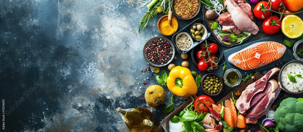 Diet health food concept with a large variety of vegetables fruit meat fish grain salad and spice with foods high in protein antioxidants dietary fibre anthocaynins and vitamins Top view Diet health food concept with a large variety of vegetables fruit meat fish grain salad and spice with foods high in protein antioxidants dietary fibre anthocaynins and vitamins Top view
