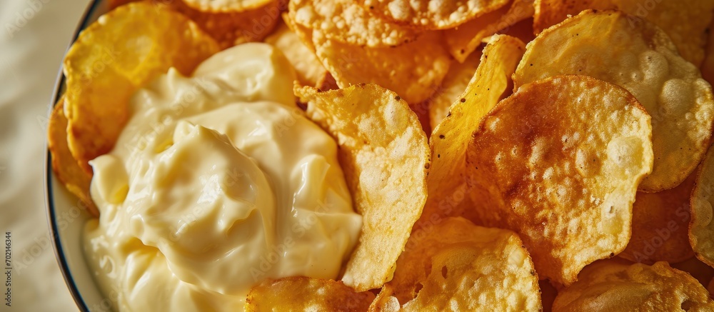 Dipping chips into bowl with creamy cheese sauce close up. with copy space image. Place for adding text or design Dipping chips into bowl with creamy cheese sauce close up. with copy space image. Place for adding text or design