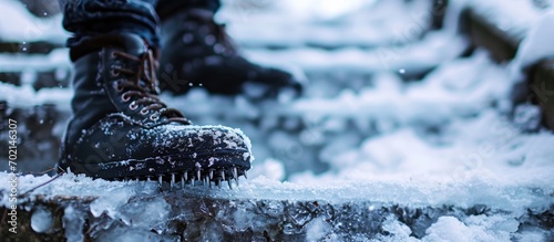 A Man with Shoe snow spikes in winter on icy stairs. with copy space image. Place for adding text or design photo