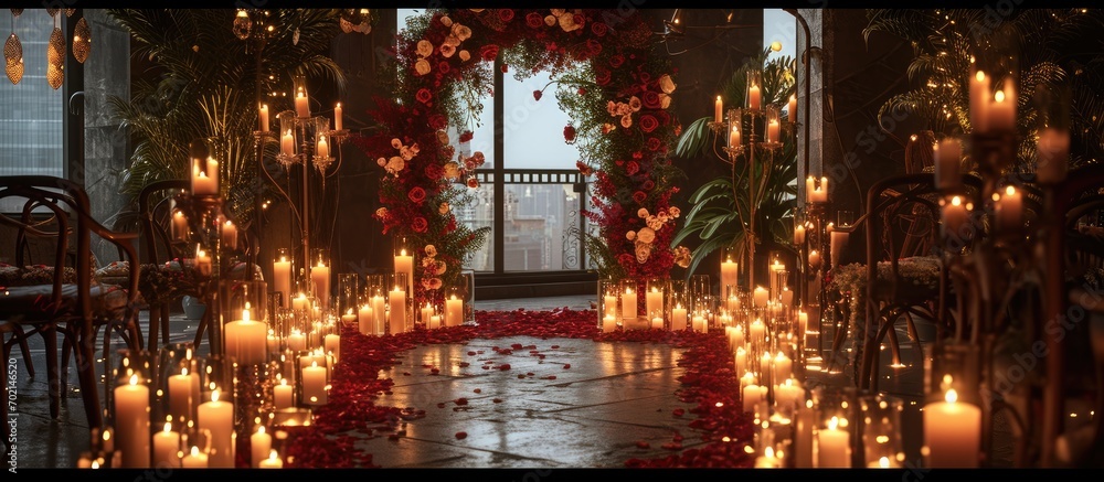 Decor with candles for surprise marriage proposal Romantic date in restaurant Candlelight setup decor for couple on Valentine s day Location with arch wall photo zone decoration flowers Wedding