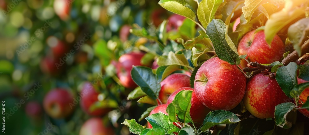 Obraz premium A young woman collects a harvest of juicy apples in the garden Organic apples in the garden Apple harvest concept. with copy space image. Place for adding text or design